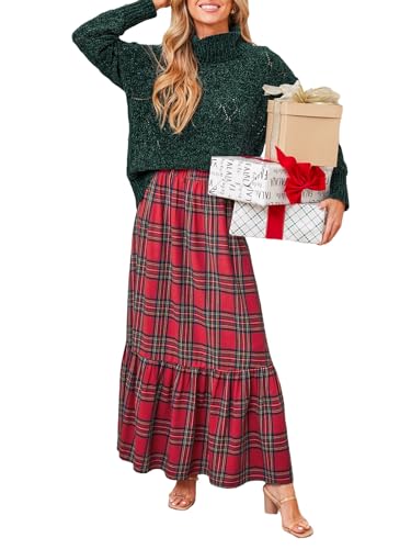 CUPSHE Damen Rock Hohe Taille Karomuster Rüschen Maxi Röcke Elastische Taille Karierter Freizeitrock Plaid Long Skirt Rot XL