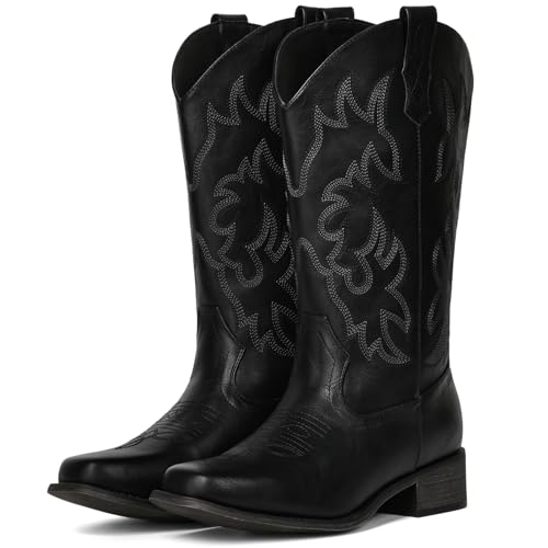 Image of IUV Cowboy Boots For Women Square Toe Wide Mid Calf Western Pull On Suede Fashion Black Brown Cowgirl Boots