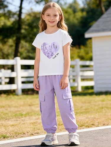 Image of Girls 4 Pieces Outfits Short Sleeve Printed Tee Tops and Pants Set 4-12Y