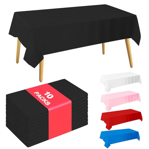 KINREEB Disposable Table Cloth 10-Pack 54x108 Inch, Decorative Tablecloths Waterproof Plastic Rectangle Table Cover for Holiday Party Wedding Gathering Camping Picnic, Black