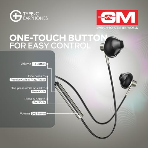 Image of GM G+ Type-C Wired Earphones with Mic | 14mm Drivers HD Bass Sound | Half-in-Ear Comfort Fit | Metallic Finish, Lightweight | One Touch Control | for Calls, Music & Gaming USB-C Devices