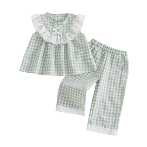 Thorn Tree Girls Summer Outfits Ruffle Sleeve Button Up Dress Tops Plaid Linen Pants Spring Toddler Girl Clothes (Light Green C, 12-18 Months)