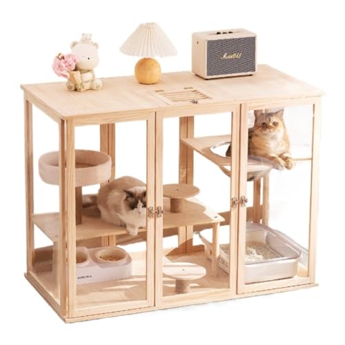 AOPIPI 猫ハウス 大型ペットキャットシェルター、複数の遊具を備えた天然木製キャットキャビネット、ケージ、広々としたフリースペース、多段式クライミングフレーム一体型、通気性・防臭性・抗菌性、四方向視認可能、小型・中型・大型、あらゆる品種の猫に対応 (?