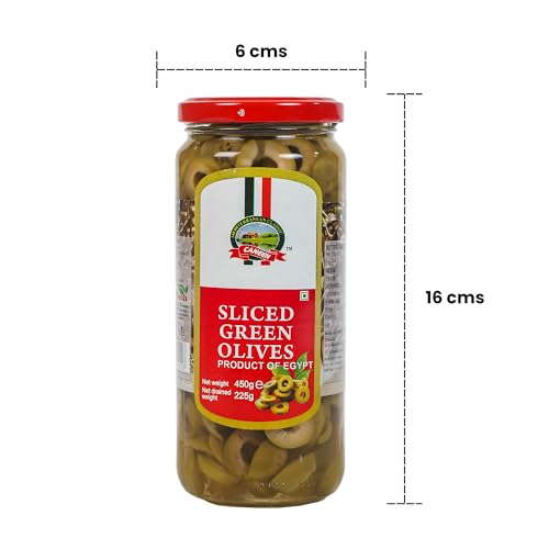 Image of CANEEN Sliced Green Olives 450g - Ready-to-Use Green Olive Slices for Pizza, Pasta, Salads, Sandwiches, Mediterranean Recipes, Appetizers & Snacks | Seedless Vegetarian Cooking Ingredient PACK OF 1