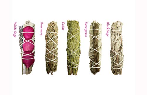 Smudge Sticks Sampler - 1 White Sage With Rose And Lavender, 1 Rosemary, 1 Cedar, 1 Sweetgrass White Sage And 1 Black Sage #TOP4