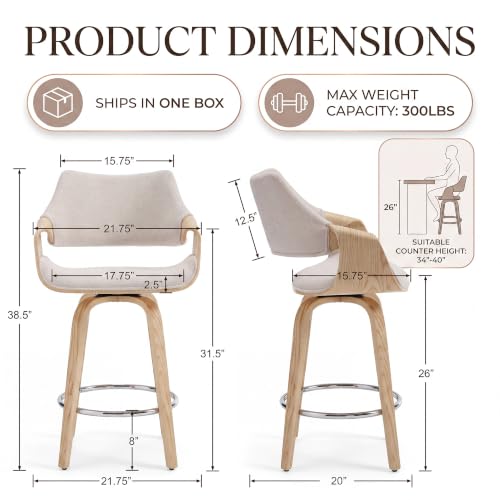 Image of HNY 26 inch Swivel Bar Stool Set of 1, Beige Chenille Counter Height Barstool