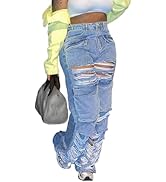 BEAUDRM Women's High Waist Zipper Casual Straight Leg Ripped Jeans Pants Trousers Denim Pants wit...