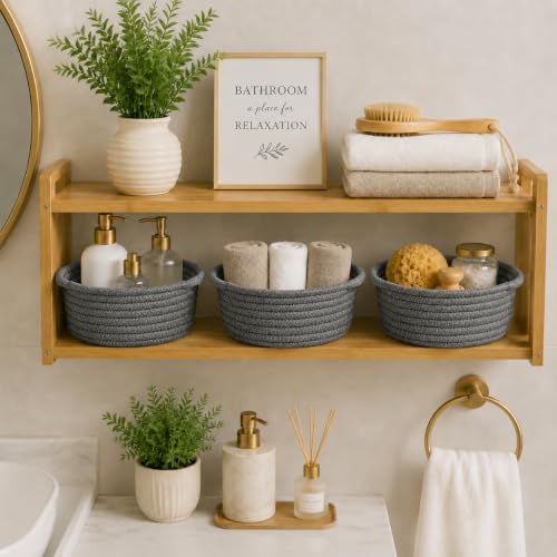 Image of Small Woven Cotton Rope Baskets with Handle, Set of 3, Grey | Boho Round Design, Bathroom Organizer, Safe for Kids & Pets, Chemical-Free Cotton, Multi-Room Storage