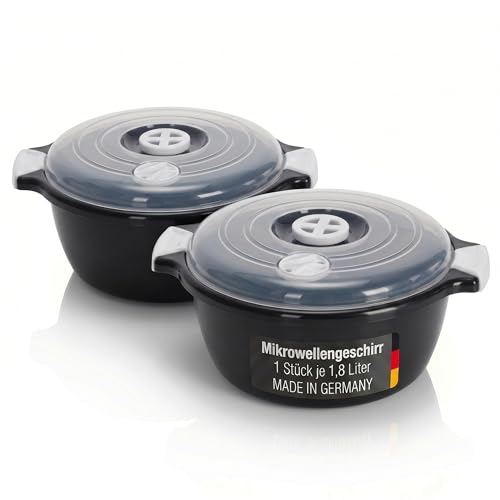 Lantelme 2 Stück Mikrowellenschüssel im Set mit 1 8 Liter mit Dampfventil in Deutschland hergestellt stapelbar spülmaschinengeeignet Kunststoff Schüssel für Mikrowelle Kühl- Gefrierschrank (Schwarz)