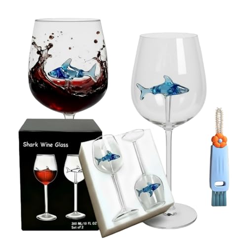 Set di 2 bicchieri da vino a forma di squalo, con squalo blu 3D all'interno, bicchieri da vino unici per donne, matrimoni, compleanni, anniversari, feste, Halloween