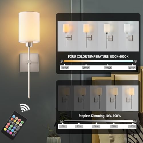 Image of KARTOOSH Battery Operated Wall Sconce Set of Two, Wireless Rechargeable Wall Light with Remote Control, Dimmable, 4 Color Temperatures, RGB, Timer, for Living Room,Bedroom,Entryway, Nickel, 20.6 Inch