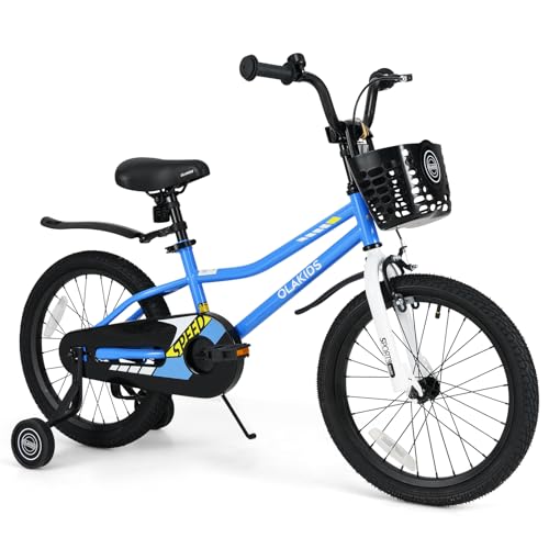Image of Olakids Kids Bike, 12 14 16 18 Inch Toddlers Bike with Training Wheels Basket Adjustable Seat and Handlebar, Handbrake and Coaster Brake, Children's Bicycle for Boys Girls 3-8 Years Old