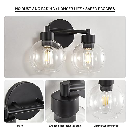 Image of Black Bathroom Light Fixtures, 2 Lights Bathroom Vanity Light with Clear Globe Glass Shades, Wall Sconce Lamp for Mirror, Bedroom, Living Room, Kitchen