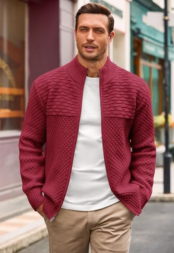 Runcati Mens Zip Up Cardigan Sweater Casual Stand Collar Textured Knit Ribbed Chunky Sweaters2
