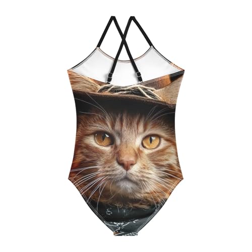 Cat Cowboy Brown Kid Swimsuit Quick Dry Crossback Girl One Piece Swimsuit 3T2