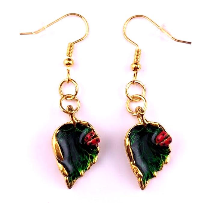 Generic Ladybug & Leaf Earrings goldtone metal & enamel pendants ladybird beetle summer gardening jewelry4