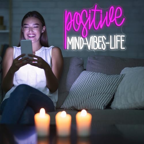 Image of Positive Mind Vibes Life Neon Sign Pink White LED Neon Light for Wall Decor Dimmable Positive Light Up Sign for Classroon Office Girls Living Room Home Bar Club Salon (16.5''*12.6'')