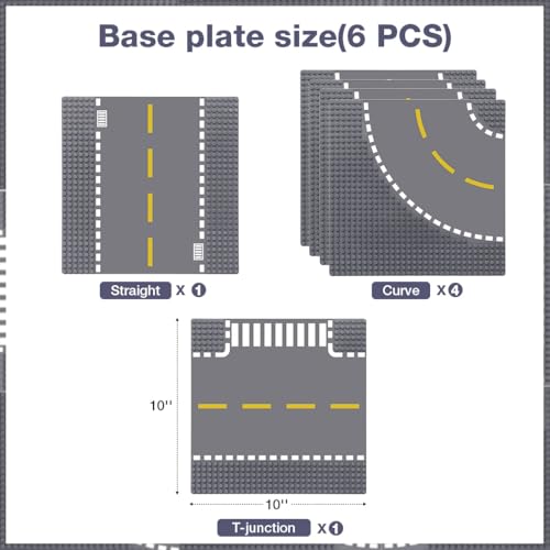 Image of Lekebaby 6 Pack Road Base Plates 10 inchx10 inch City Street Baseplates 100% Compatible with All Major Brands, 4 Curved /1 Straight /1 T-Junction