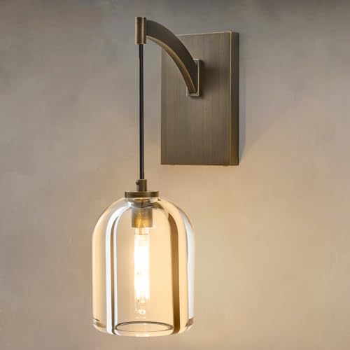 BlesULuk Crystal Brass Hemisphere Wall Sconce - Luxury Antique Brushed Lighting Fixture with K9 Crystals Cloche - Modern Gold Sconces - Dimmable Indoor Hanging Light for Bathroom Living Room Stair