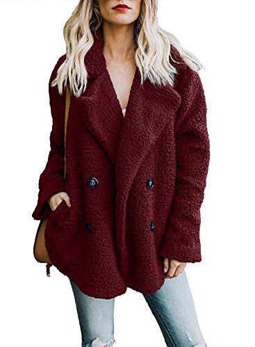 Zeagoo Women's Teddy Bear Coat Autumn Winter Long Sleeve Lapel Up Faux Shearling Shaggy Outerwear Coat Jacket Red Medium
