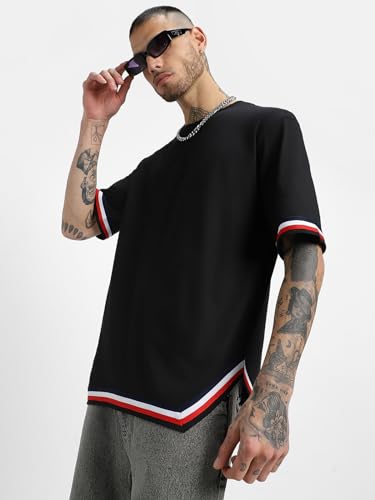Image of Veirdo Pure Cotton Oversized Baggy Fit Half Sleeve Round Neck Tapered Hemline with Side Cuts T-Shirt for Men (Available in Black, Mustard, Fog Green, Navy)