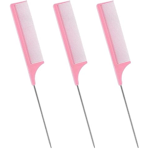 Trati Rat Tail Comb Set for Women, 3Pcs Carbon Fiber Hair Combs for Salon, Hair Styling, Parting, Back Combing, Post Styling and Hair Coloring, Lightweight and Durable, Pink Cover