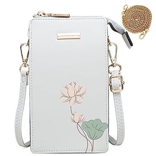 Damen Handy Umhängetasche Klein Touchscreen Handytasche zum Umhängen Crossbody Schultertasche Geldbörse Leder mit Lotus Muster Handyhülle für iPhone 12 pro/12/11/XR/8, Handy bis zu 6.5 Zoll (Weiß) Cover