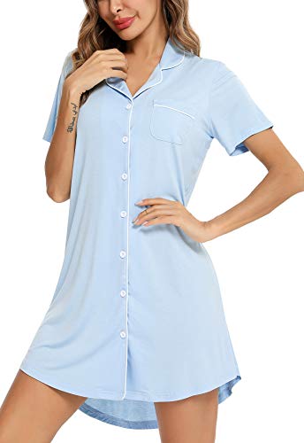 Image of Samring Pajama Nightgown for Women Short Sleeve Button Down Boyfriend Night Gown Nightdress Sleep Shirts