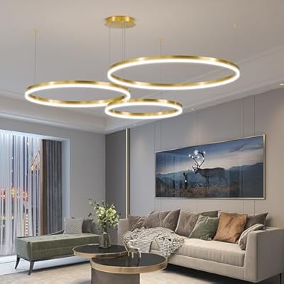 Gold LED Modern Chandelier, 3-Ring Pendant Light Fixture, Dimmable 3000K-6500K, Adjustable Hanging Ceiling Light Over Table for Dining Room, Kitchen Island, Living Room, Bedroom, Entryway