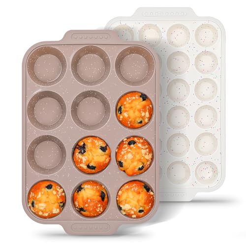 Image of 2 Pcs Silicone Muffin Pans for Baking with Metal Reinforced Frame, Nonstick Cupcake Tray for Oven, 12 Cups Regular and 24 Cups Mini Size Silicone Molds for Egg Bites (Brown, Cream)