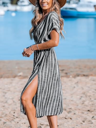 CUPSHE Women Beach Cover Up V Neck Short Sleeve Striped Midi Swimsuit Coverup Dress XS-XXL2