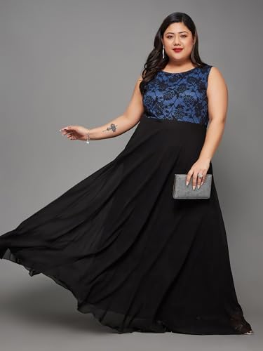 Image of Miss Chase A+ Women's Round Neck Sleeveless Georgette Floral Lace Fit & Flare Maxi Dress