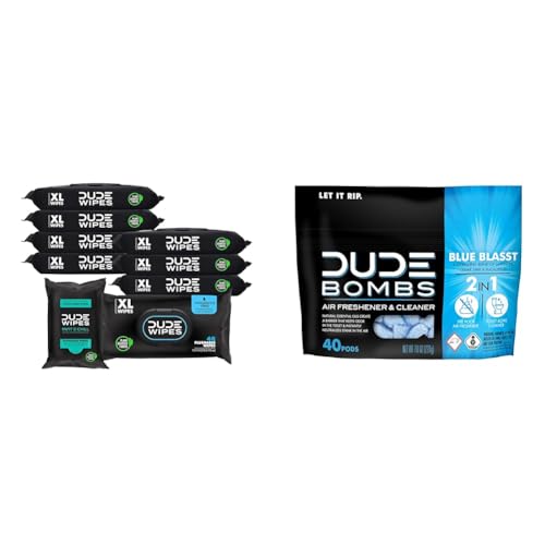 DUDE Wipes - Flushable Wipes - Unscented 8 Pack and Mint Travel Pack, 402 Wipes + DUDE Bombs - Toilet Stank Eliminator - 1 Pack, 40 Pods - Fresh Scent 2-in-1 Stank Eliminator