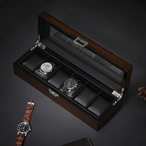 Bewishome Watch Box For Men - Luxury Watch Case, Real Glass Top, Smooth Faux Leather Interior, 6 Slot Watch Organizer,Brown Ssh06Y #TOP5