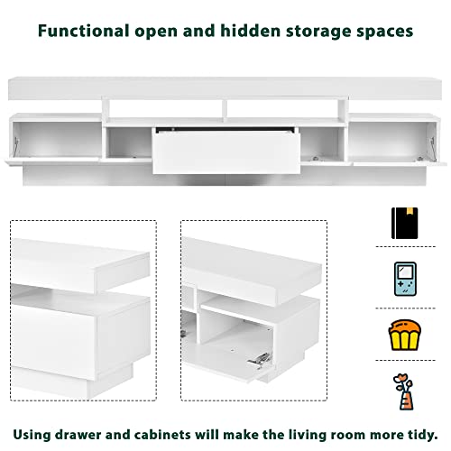 Vzadgwa Led Tv Stand With Drawer & 4 Open Shelves, Modern High Gloss Gaming Entertainment Center For 65/75 Inch Tv, Universal Tv Console Cabinet With 16-Color Led Color Changing Lights, White #TOP1