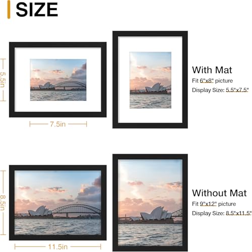 decorUhome 9x12 Picture Frame, Display Pictures 6x8 with Mat or 9x12 without Mat, Wall & Tabletop Display Photo Frame, Black, 1 Pack