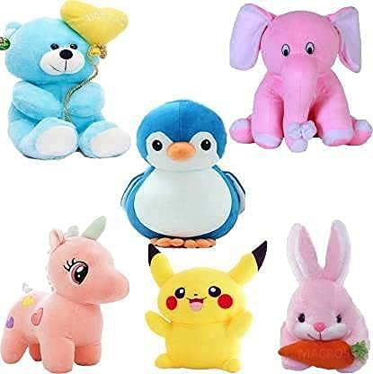Shanshu Super Soft Combo of 6 Stuffed Toys for Kids , Balloon Teddy , Appu Elephant, Penguin , Unicorn , Pikachu , Rabbit (Teddy Bear)