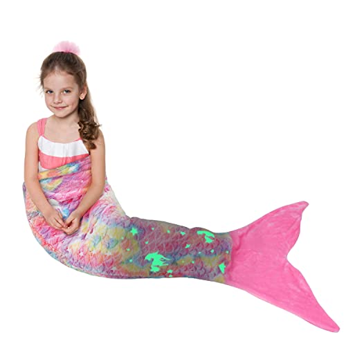 Catalonia Classy Kit Mermaid Tail Blanket with Flannel Fleece Mermaid Fin Cuddle Blanket Sofa Sleeping Bag Camping Travel All Season Warm Washable Fluorescent Unicorn 155 x 51 cm