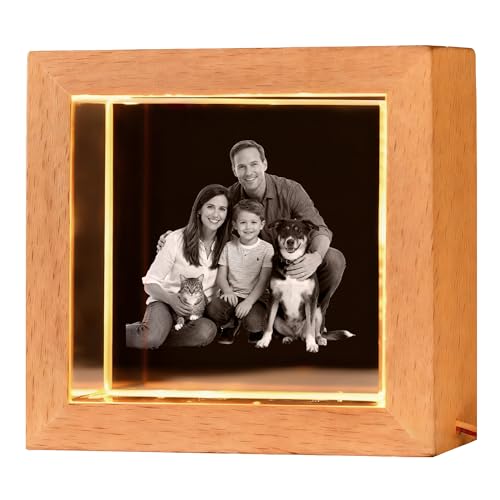3D Crystal Cube, Personalized 3D Crystal Photo Cube with Wood Square Frame, Warm Light Custom Engraved Glass Decoration Block, Gratitude Gift for Family, Teachers, Friends