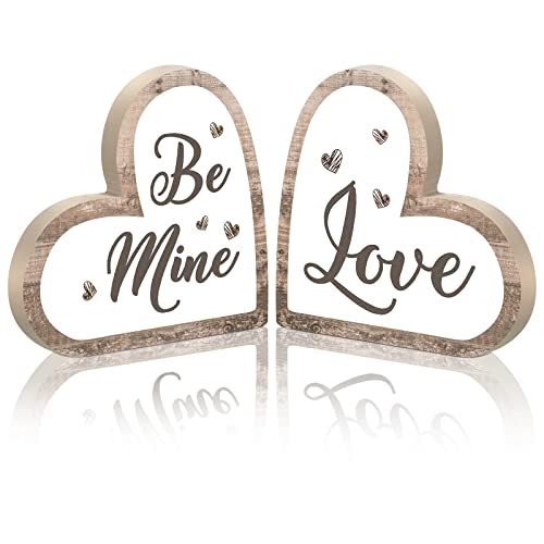 Maitys Heart Shape Wooden Table Sign Rustic Wood Love Sign Be Mine Decor Romantic Table Centerpiece Decorative Wedding Tabletop Decoration for Home Anniversary Party Favors (Classic Style)