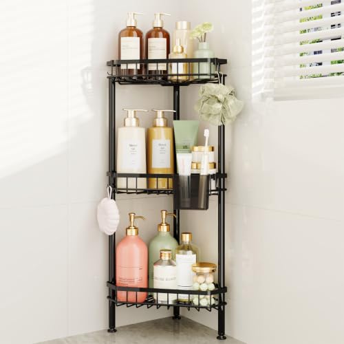 Consumest Corner Shower Caddy Stand – Rustproof Bathroom Organizer&Storage | 3 Tier Shower Shelves for Inside Shower, Stainless Steel Corner Shelf with Soap Holder, 4 Hooks, Brush Holder, Black