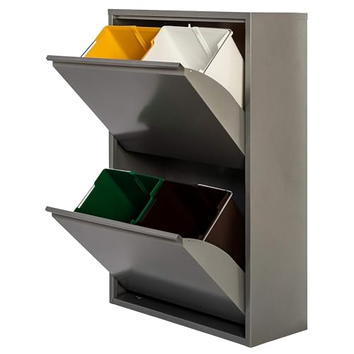 WELL HOME - Cubo de basura y reciclaje Metálico de 4 compartimentos, 4x17L (68L) Gris brillo