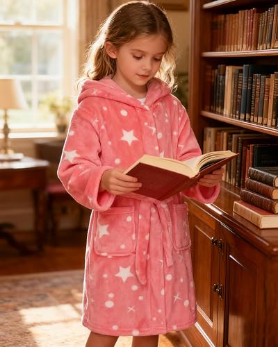 Image of Girls Fleece Hooded Robes, Warm Printed Bath Robe for Kids Soft Fuzzy Bathrobe for Gifts