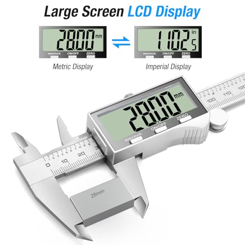 Ueznirn Messschieber Digital mit Großem LCD-Bildschirm, Schieblehre Digital mit Spritzwasserschutz und Staubschutz, Messschieber mit Ersatzbatterie und Aufbewahrungsbox (Silbrig)
