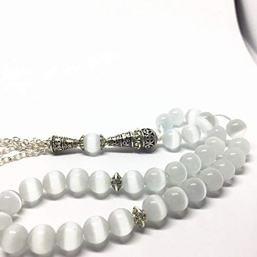 Miniatura 6 de Calvas Ojos de gato blanco natural color piedra forma redonda 33 cuentas de oración islámico musulmán Tasbih Allah Mohammed Rosario para mujeres y