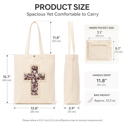 Image of Christian Tote Bag Gift for Women, Canvas Bible Bag Handmade Floral Cross | Christian faith-inspired gift, handcrafted cross with lace, inner pocket, snap closure, bottom gusset, church Bible study use