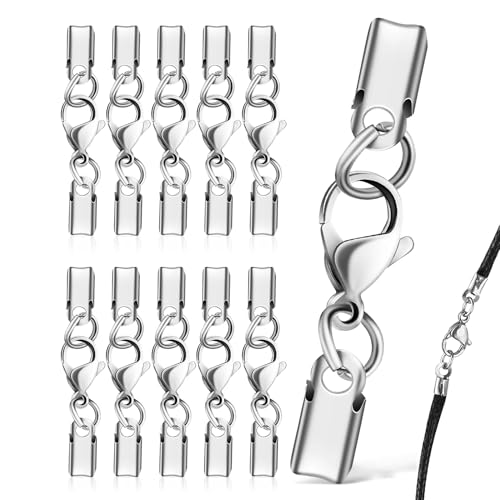 Leder Kettenverschlüsse Verbinder mit Kordelenden 12 Stk,Kettenverschluss Edelstahl,Lederband Kette,Verschluss für Armband,Schmuckherstellung Karabiner,für DIY Ketten Lederband Schmuck Silber