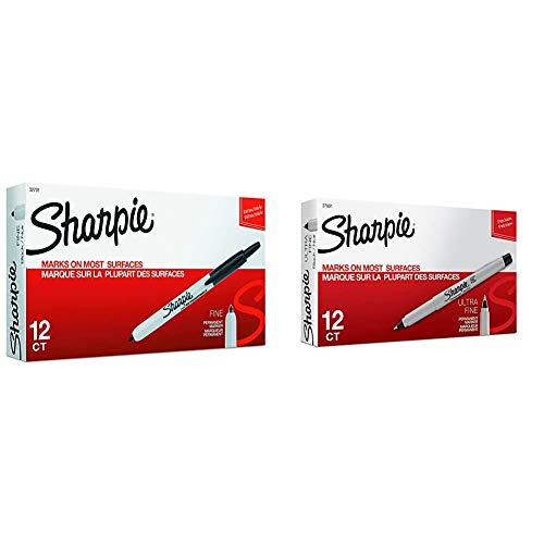 Sharpie 32701 Retractable Permanent Markers, Fine Point, Black, 12 Count & Permanent Markers, Ultra Fine Point, Black, 12 Count
