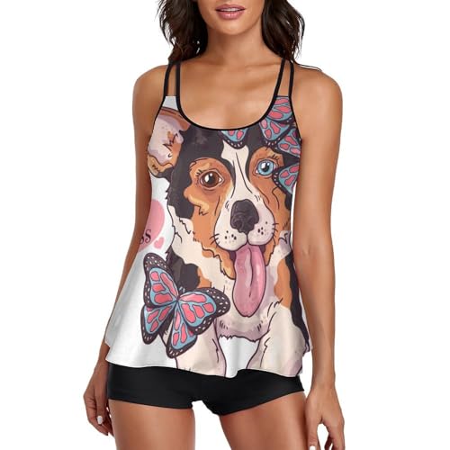 Maillot de bain tankini chien papillon avec short de garçon pour femme