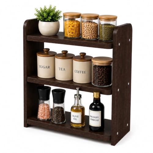 Image of 3-Tier Kitchen Organizer Rack for Countertop, Engineered Wood Spice Rack Shelf, Space Saving Storage Stand for Kitchen, Bathroom & Office, Easy Assembly, Dark Brown